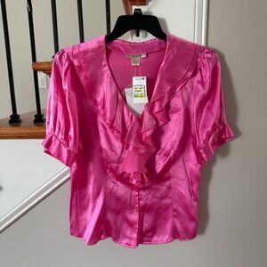 Transitions Women's Silk Hot Pink Button Up Short Sleeve Blouse Size 14 NWT